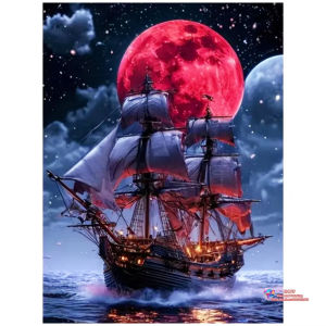 Kayou | Blood Moon Pirate Ship 5D DIY Diamond Painting Set with Square and Round Diamonds Handmade Crafts Home Decor Gifts