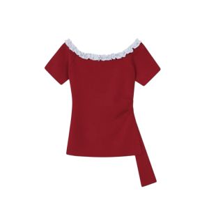 YUEZHONGWEI | French Style Off Shoulder Red Knitted Short Sleeve T-Shirt Womens Slim Fit Summer Top With Lace Trim Commute Style Pure Color