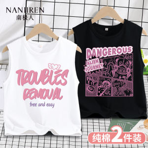 Girls Summer Thin Cotton Sporty Sleeveless Vest Childrens Outerwear Pure Cotton Breathable Sweet Style round Neck T-Shirt