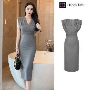 Happy Diva เดรสผู้หญิง เดรสสีเทา เดรสคอวี เดรสแขนสั้น เดรสทำงาน เดรสไฮโซ เดรสออกงาน เดรสไปงานแต่ง เดรสOL เดรสฝรั่งเศส 30535