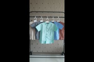 Kemeja Polos Anak Lengan Pendek Kerah Shanghai Bahan Oxford