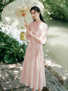 XIANGYING | Đầm Chiffon Hồng Trung Quốc Mới Kiểu A-Line Cải Tiến Cheongsam
