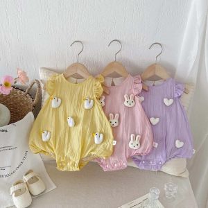 Dễ Thương Cho Bé Gái Romper Áo Liền Quần Sơ Sinh Body Có Tay Rung 3D Thỏ Cotton Quần Áo Cho Bé Từ 0-24 Tháng Tuổi Mùa Hè Cổ Tròn