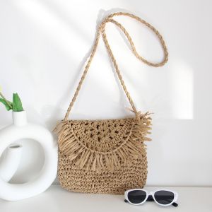 Bohemian Style Summer Straw Woven Crossbody Bag Versatile Single Shoulder Bag for Young Women Soft Fabric Zipper Closure