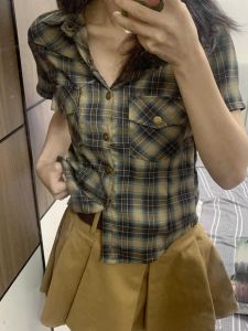 Retro Hong Kong Style Short Sleeve Shirt Womens 2024 Summer New Arrival Fashion Fancy Casual Slim-Fit Figure Flattering Gingham Shirt