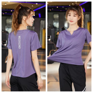 Slimming V-Neck Yoga Top Quick Dry Breathable Short Sleeve Fitness Running T-Shirt Womens Summer Sportswear Casual Style