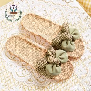 New Summer Korean Style Linen Slippers Womens Indoor Home Anti-slip Lightweight Thick Bottom Sweat Absorbent Gingham Knot