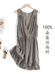 Silk Summer Dress Pure Color Midi Skirt Sleeveless V-neck High Waist Loose  Silk Pleated A-line Dress for Women
