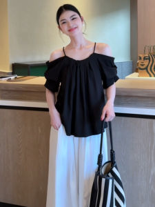 YUEZHONGWEI | French Style Off Shoulder Black Strap Short Sleeve Loose Womens Shirt Summer 2025 New Design Sensation Niche Loose Shirt Top