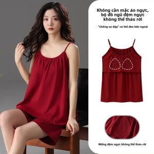 Bộ Đồ Ngủ Cotton Nguyên Chất Mùa Hè Cho Nữ Áo Vest Cotton Rộng Rãi Quần Short Dây Không Tay Bộ Đồ Ngủ Thoải Mái Cho Mùa Hè