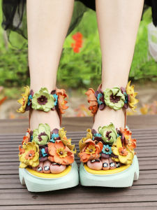 High-Top Thick-Heeled Roman Style Womens Sandals Summer Genuine Leather Open-Toe Boots Fashionable Lady Casual Zipper Closure