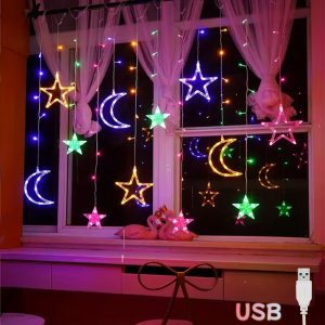 USB-Powered Star Moon String Light Holiday Decoration Warm/Colorful LED Curtain Fairy Lamp for Ramadan Birthday Party Room Decor