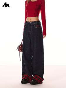 High Waist Wide Leg Denim Jeans Womens Casual Straight Long Pants Cuffed Slimming Trousers American Retro Plaid Splicing