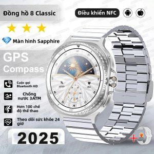 Đồng Hồ Thông Minh Nam Siêu Cổ Điển 8 HD AMOLED GPS La Bàn NFC 3ATM Mặt Số Xoay Chống Nước Cuộc Gọi Bluetooth Theo Dõi Sức Khỏe