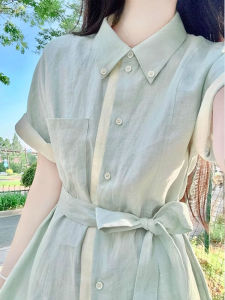 QFN | Summer French Style Contrast Color Light Green Waist Accentuating Linen Dress