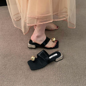 French Thick Heel Sandals Womens Outdoor Summer New Fashion Match Square Head High Sense between Toe One Word Slippers