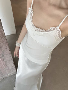 5werkwen Lace Translucent Set Silk Feather Thread Lace Strap Two Piece Set Womens Slim Fit Tank Top Pure Color Spring Season