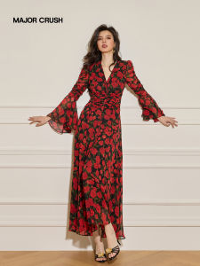 Retro Hong Kong Style Rose & Sea Waves Print Slim Fit & Flattering Flowy Long Dress