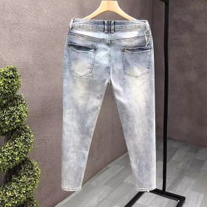 Light Blue Mens Slim Straight Jeans mid Waist High Elasticity Casual Long Pants Wear Resistant Water Washed Spring Summer New