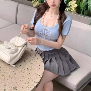 🌏SY เสื้อยืดลําลอง แขนยาว พิมพ์ลายจุด ประดับโบว์ สําหรับสตรี สไตล์เกาหลี