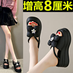 รองเท้าแตะส้นหนาสำหรับผู้หญิง รองเท้าแตะชายหาดแบบสวมสบาย รองเท้าแตะส้นสูง 8 ซม. สำหรับฤดูร้อนปี 2024 รองเท้าแตะส้นสูงแบบสวมสบาย