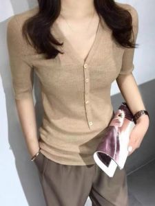 Womens Slim Fit European Style Cashmere Short Sleeve V-Neck Summer T-Shirt for Ladies Pure Color Knitted Work Clothing