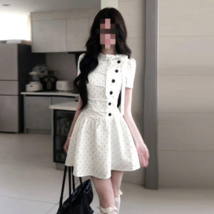 Homecore | Stylish Unique Aesthetic White A-Line Polka Dot Waist-Cinching Summer Dress