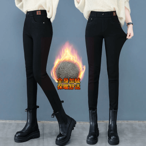 Feiyanan Womens Winter Thickened Fleece High Waist Elastic Black Pants Straight Leg Casual Trousers Warm Slimming Autumn Winter