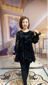 Black Lace Dress Womens Fall and Winter 2024 New Arrival Fashion Mom Middle-Aged Patchwork Loose Western Style Gold Velvet Dress