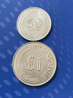 1975 Singapore 50 Cents and $1 Merlion old coin