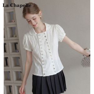 La Chapelle | Short Sleeve Shirt Double-Breasted Turn-Down Collar Puff Sleeve Waist-Tightened Blouse
