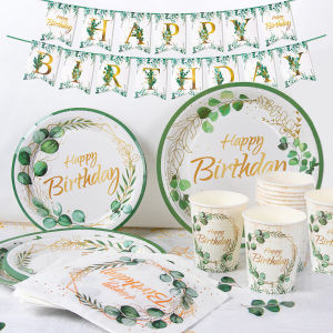 Green Eucalyptus Leaf Happy Birthday Tableware Paper Plate Cup Napkins Jungle Theme Baby Shower kids Birthday Party Table Decor