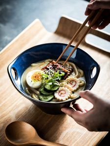 Large Ceramic Noodle Bowl Double Ear Japanese Style Soup Bowl Dining Utensils Personal Specialty Advanced Instant Ramen Bowl