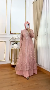 Maxi Dress Laura Brokat Bahan Ceruti Babydoll Full Puring Model 2 Layer Menyatu Motiv Bunga Payet Swarovski Ukuran M-L-XL-XXL + Dress Kondangan Wanita Dewasa LD 100CM LD 110CM LD 115CM LD 120CM Panjang Dress 138CM-140CM + Gamis Panjang Brokat Terbaru 2025