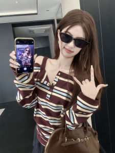 Korean Style Long Sleeve Stripe Splicing One Shoulder T-Shirt Womens Autumn New Fashion Elegant Top Breathable Skin-Friendly