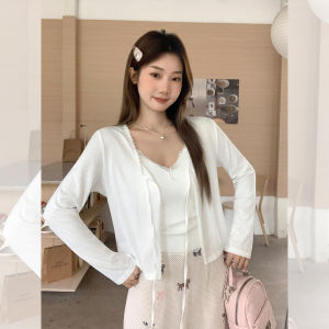 White Lace Trim Butterfly Knot Long Sleeve Open Cardigan Womens Autumn Outerwear Shirt V-Neck Regular Fit Korean Style T-shirt