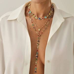 KunJoe 3Pcs Exquisite Colorful Rhinestone Chain Necklace for Women Hip Hop Y-shaped Cross Long Pendant Necklace Wedding Jewelry
