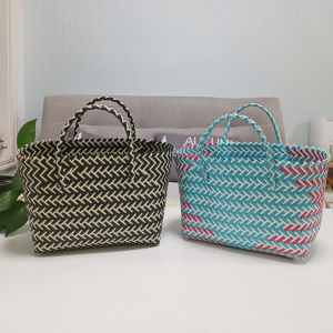 2024 New Plastic Woven Shopping Basket for Bath and Toilet Tote Bag Handbag Style with Contrast Color Popular Element