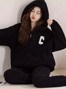 Thickened Coral Fleece Sleepwear Zipper Set Large Size Flannel Home Clothes Casual Outfit Long Sleeve Hooded Cardigan for Women