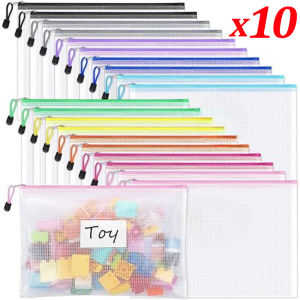 10ชิ้น A4 กระเป๋าซิปตาข่ายใส / กระเป๋าใส่แฟ้มเอกสารกันน้ำ / กระเป๋าใส่เครื่องเขียน / อุปกรณ์สำนักงานโรงเรียน
