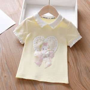 Girls Cotton Short Sleeve T-Shirt Cartoon Rabbit Print Casual Loose Fit Summer Kids Clothing Pure Cotton Sweat Absorbent round Neck