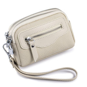MEIFEI | Sleek Wristlet Mini Purse Genuine Leather Large Capacity Dual Zipper Multi-functional Coin Purse