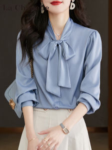 La Chapelle | Blue Bow New Design Business Formal Long Sleeve Chiffon Blouse