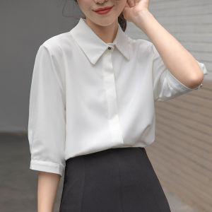 ชุดสุภาพใส่ทำงานเสื้อเชิ้ตแขนสั้นสีขาว สำหรับผู้หญิง เสื้อชีฟอง แขนสั้น ห้าส่วนสไตล์ฝรั่งเศส รูปร่างเพียงพอ ใส่ผอมเพรียว สำหรับฤดูร้อน