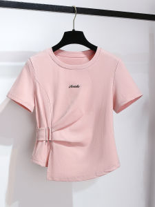 Pink Asymmetrical Hem Short Sleeve T-Shirt Womens Fashionable Unique Waist-Cinching Top Korean Style Commute Wind Summer New Arrival