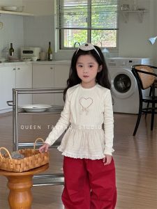 Korean Style Cotton T-Shirt for Girls Embroidered Heart Short Sleeve Long Sleeve Base Layer Top Cute Baby Clothes Autumn New Arrival