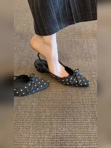 FANGXI | Genuine Leather Polka Dot Bow Slip-On Square Heel Sandals