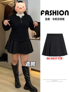 Black Woolen Plaid Mini Skirt High Waist A-Line Womens Autumn Winter plus Size Belly Covering Slimming Short Skirt