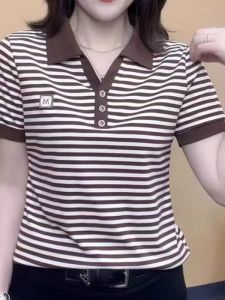 QIAOXIZI | Summer Stripe Short Sleeve T-shirt Loose and Slimming for Middle-aged Women Fashionable Turn-down Collar