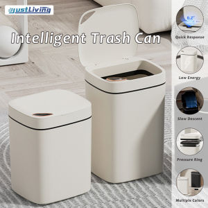 JustLiving 12/14/16L Touchless Bathroom Trash Can with Sealed Lid Automatic Opening Dustbin USB Rechargeable Smart Sensor Waste Bin Wireless Sensor Smart Cans Electric Motion Sensor Garbage Can